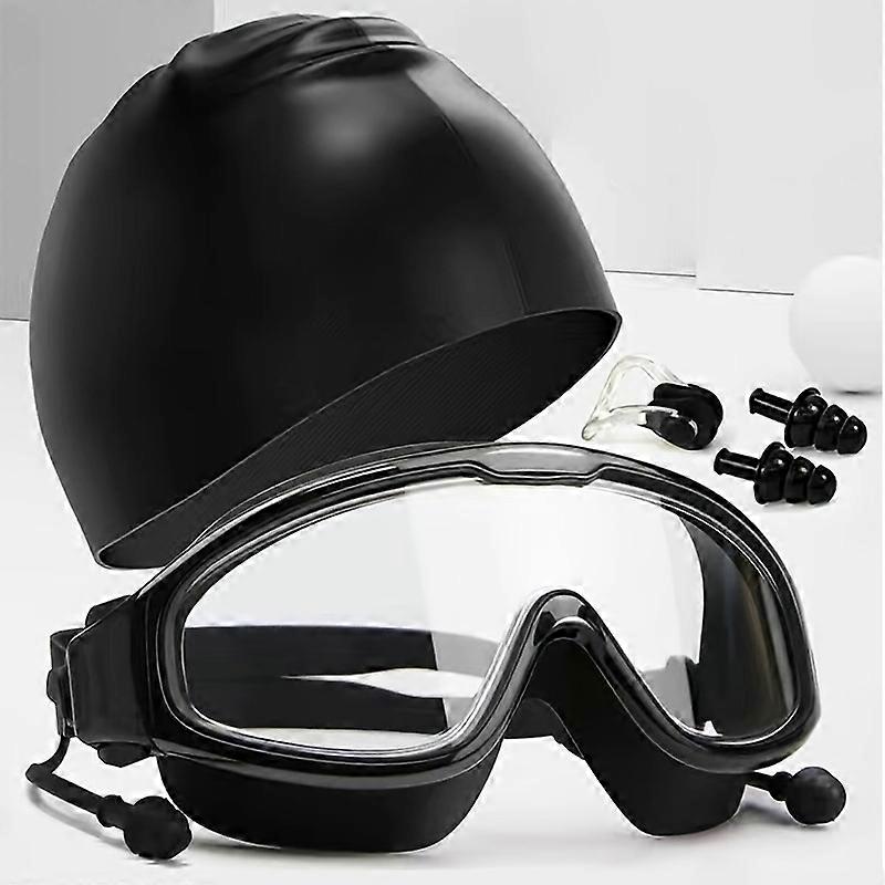 Women's Silicone Swimming Goggles With Oversized Silicone Swim Cap Set, Includes Nose Clip & Earplugs, Anti-Fog, Adjustable Strap
