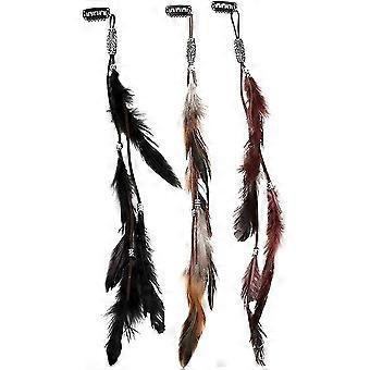 Women Feather Hair Clips, Handmade Boho Hippie Hair Extensions With Clip Comb Diy Accessories Hairpin Headdress, (3pcs, Retro)