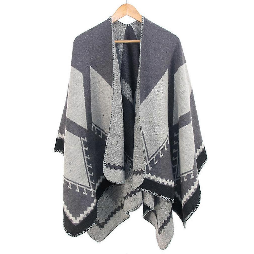 Warm Shawl Scarf Open Front Poncho Winter Cardigant with Geometric Pattern for Lady