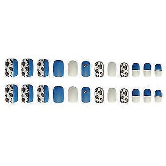 Blue White Leopard Printed Fake Square Nails Durable Never Splitting Com