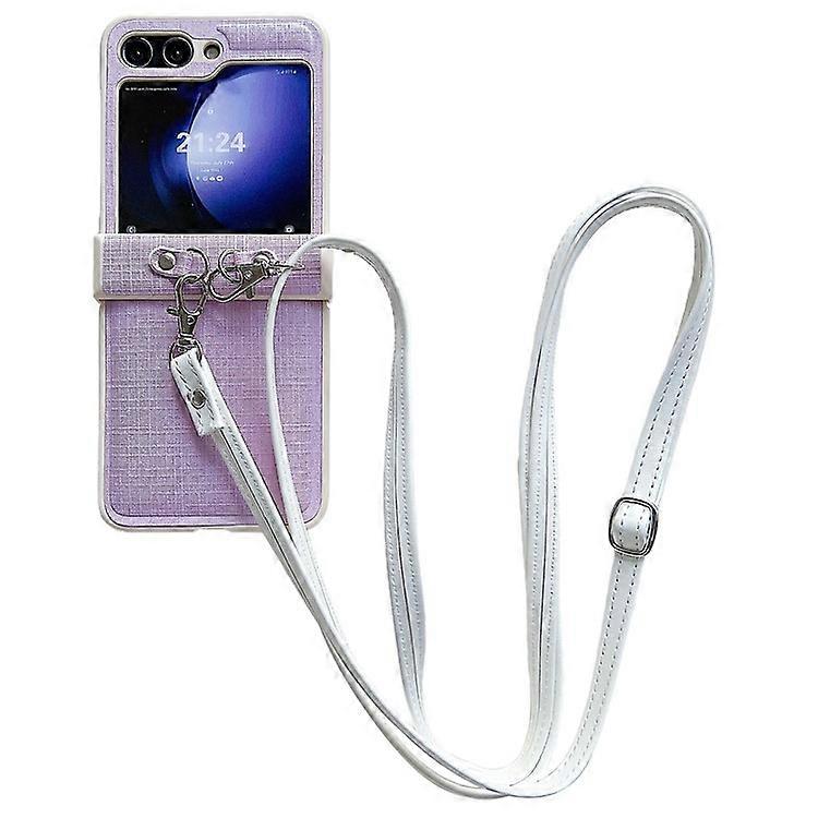 Compatible For Samsung Galaxy Z Flip5 5G Phone Case PC+PU Leather Phone Shell with White Shoulder Strap