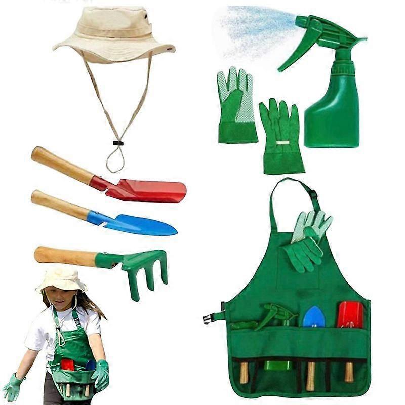 8pcs/set μίνι φτυάρι εργαλεία κήπου τσουγκράνα φορητά μικρά παιδιά κηπουρικής προσποιούνται ότι παίζουν αξεσουάρ παιχνιδιών με γάντια καπέλο ποδιά