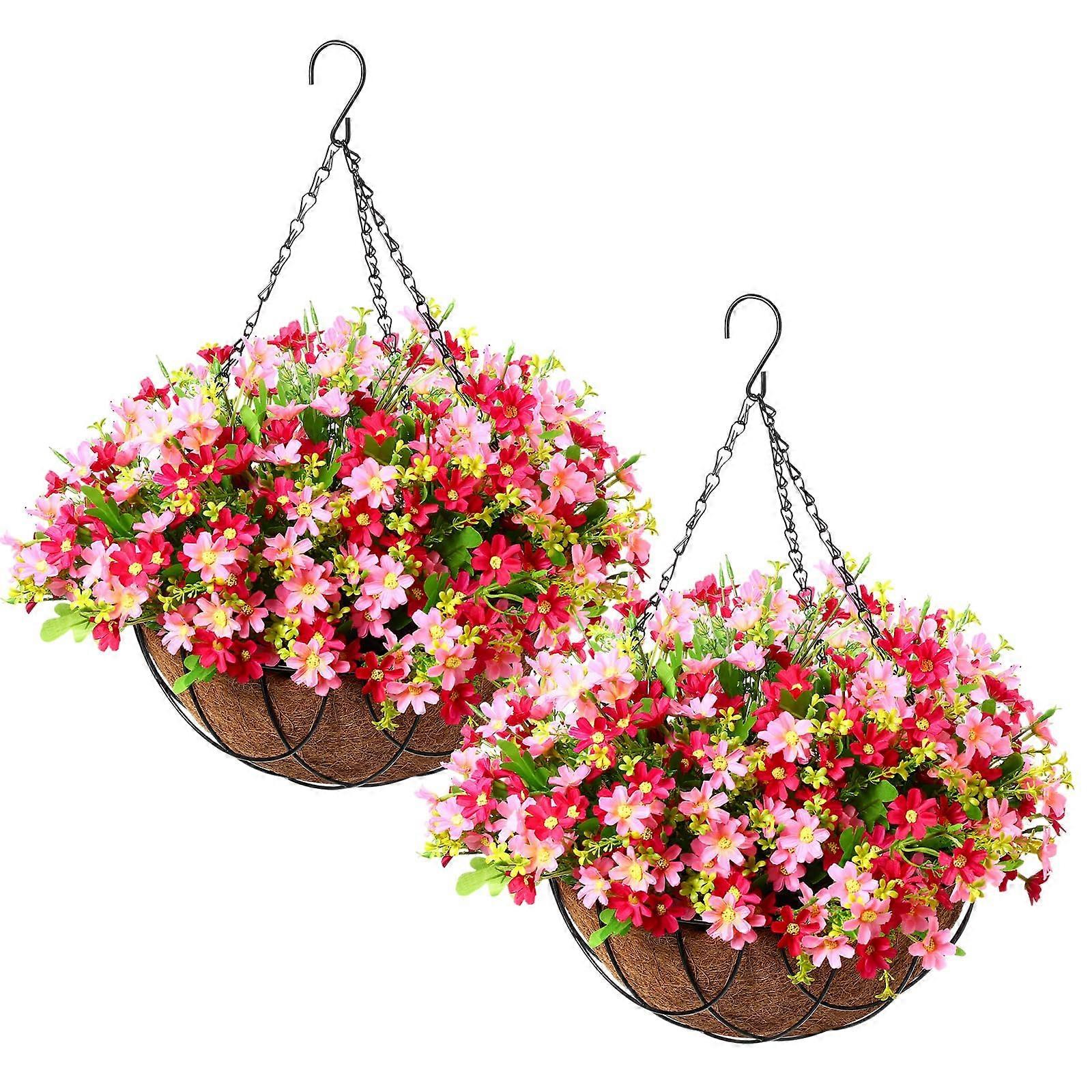 2 Pack Artificial Hanging Baskets Pink for Outdoors Porch