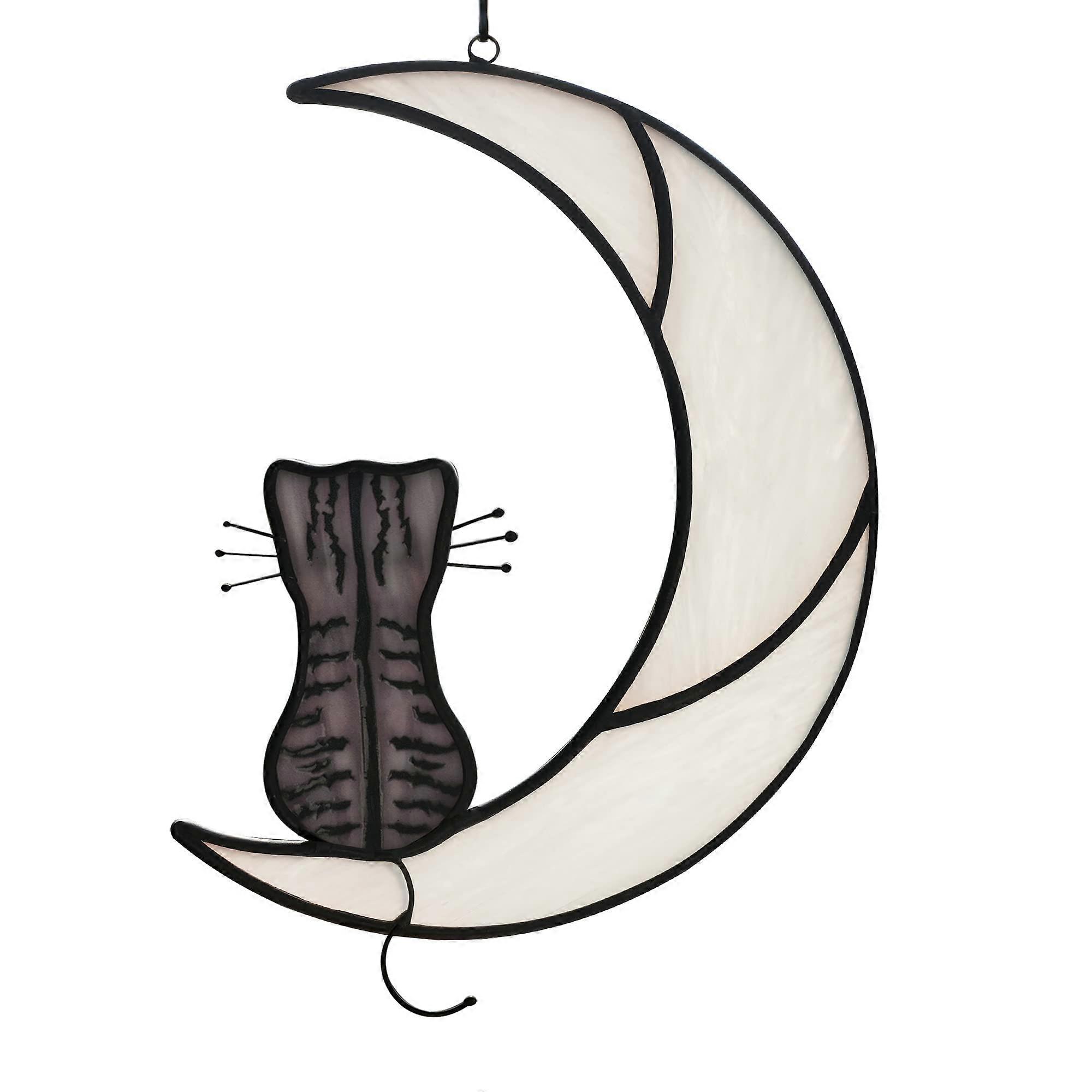 HAOSUM Tabby Cat Stained Glass Window Hanging Gray Tabby Moon Design Cat Lover Gift Decor