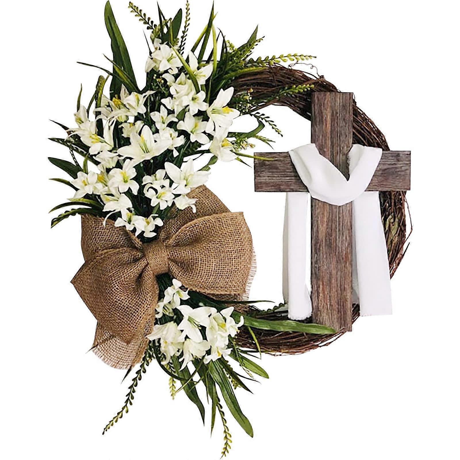 Rustic Farmhouse Easter Cross Wreath for Front Door 16 Inch