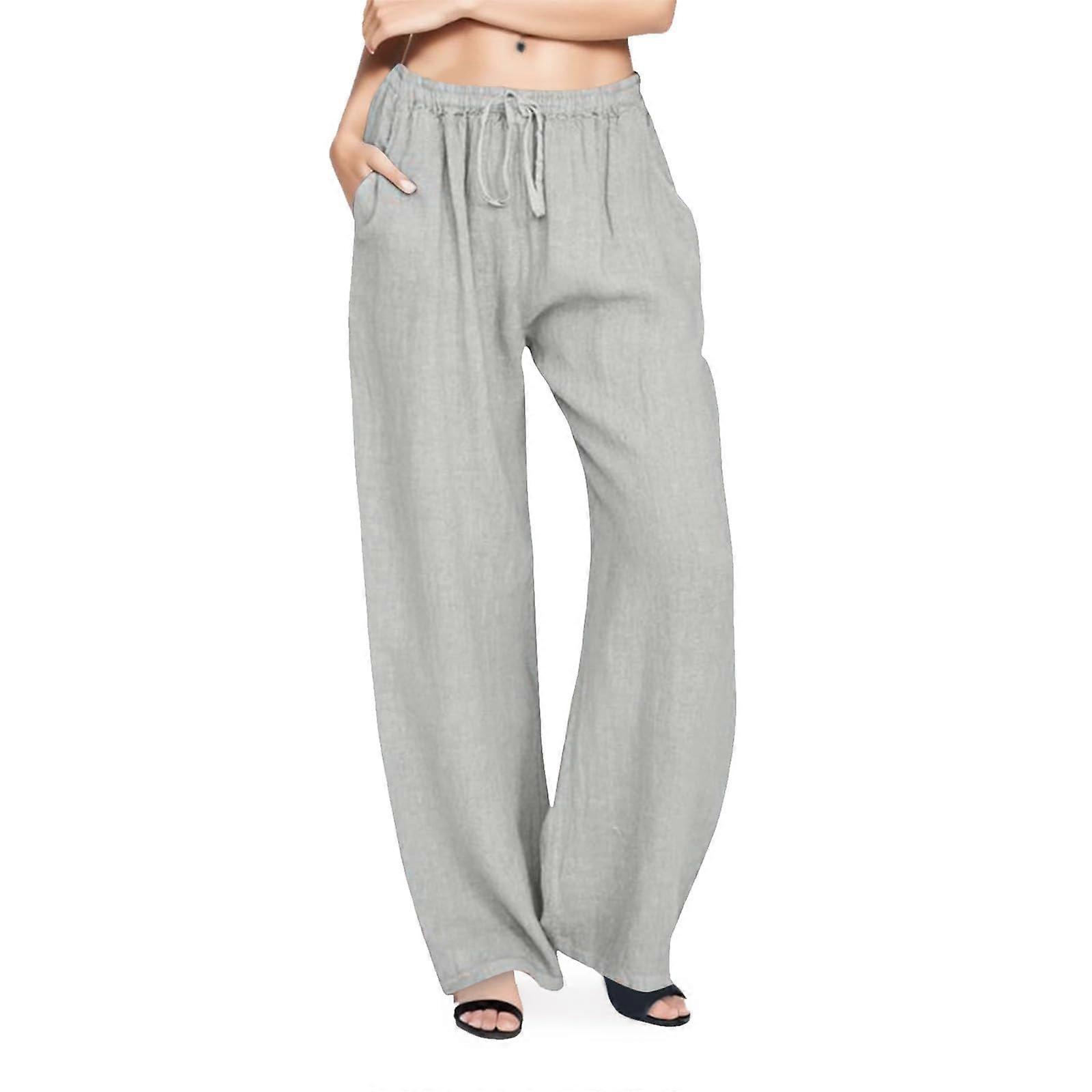 Waist Summer Pants Women Light Black, Plus Sizes Muslin Pants Long Loose with Tunnel Drawstring and Pockets