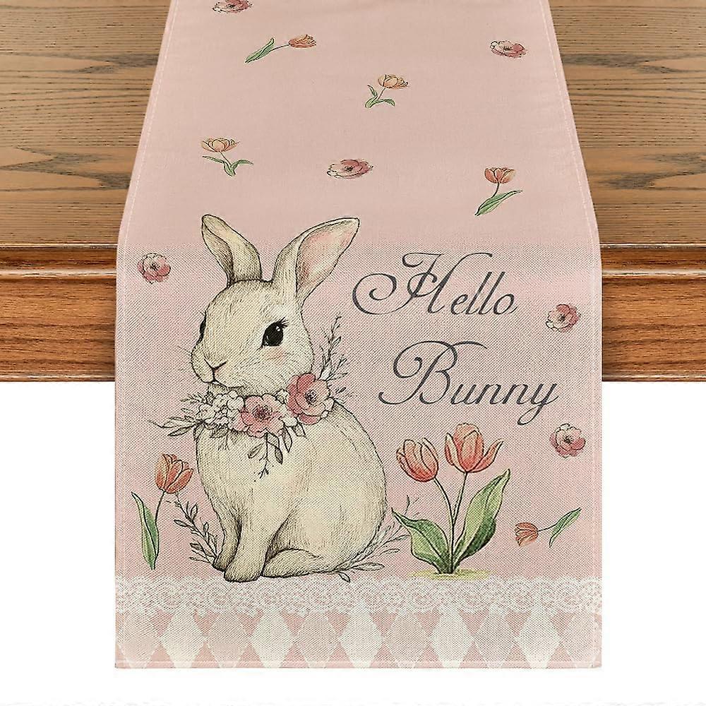 Pink Bunny Eucalyptus Tulips Easter Table Runner 13x72 Inch Spring Floral Kitchen Dining Decor Easter Party Table Decor