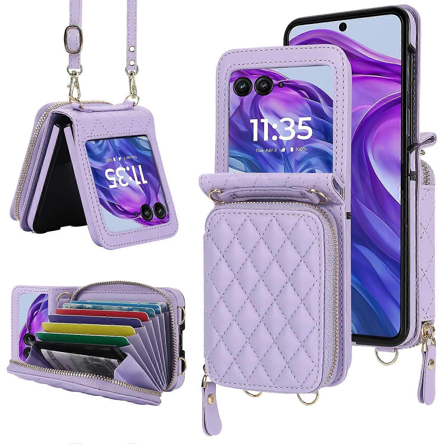 Wallet Case With Crossbody Strap RFID Blocking Leather Purple For Motorola Razr 2024 Razr 50 2024 Card Slots