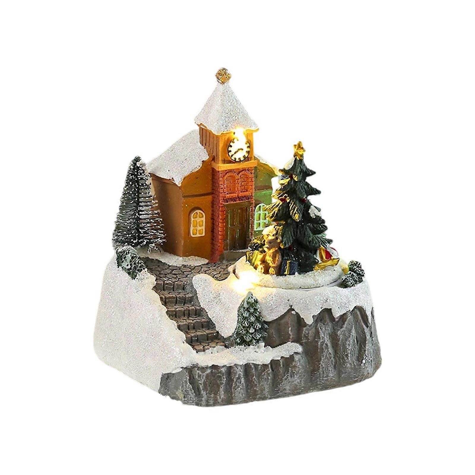 Resin Rotating Music Figurine Snow House Scene Ornament for Desktop Christmas Desktop Decoration with LED Light