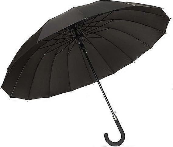 Long black automatic men's umbrella - Solid - 16 fiber ribs - XXL windproof