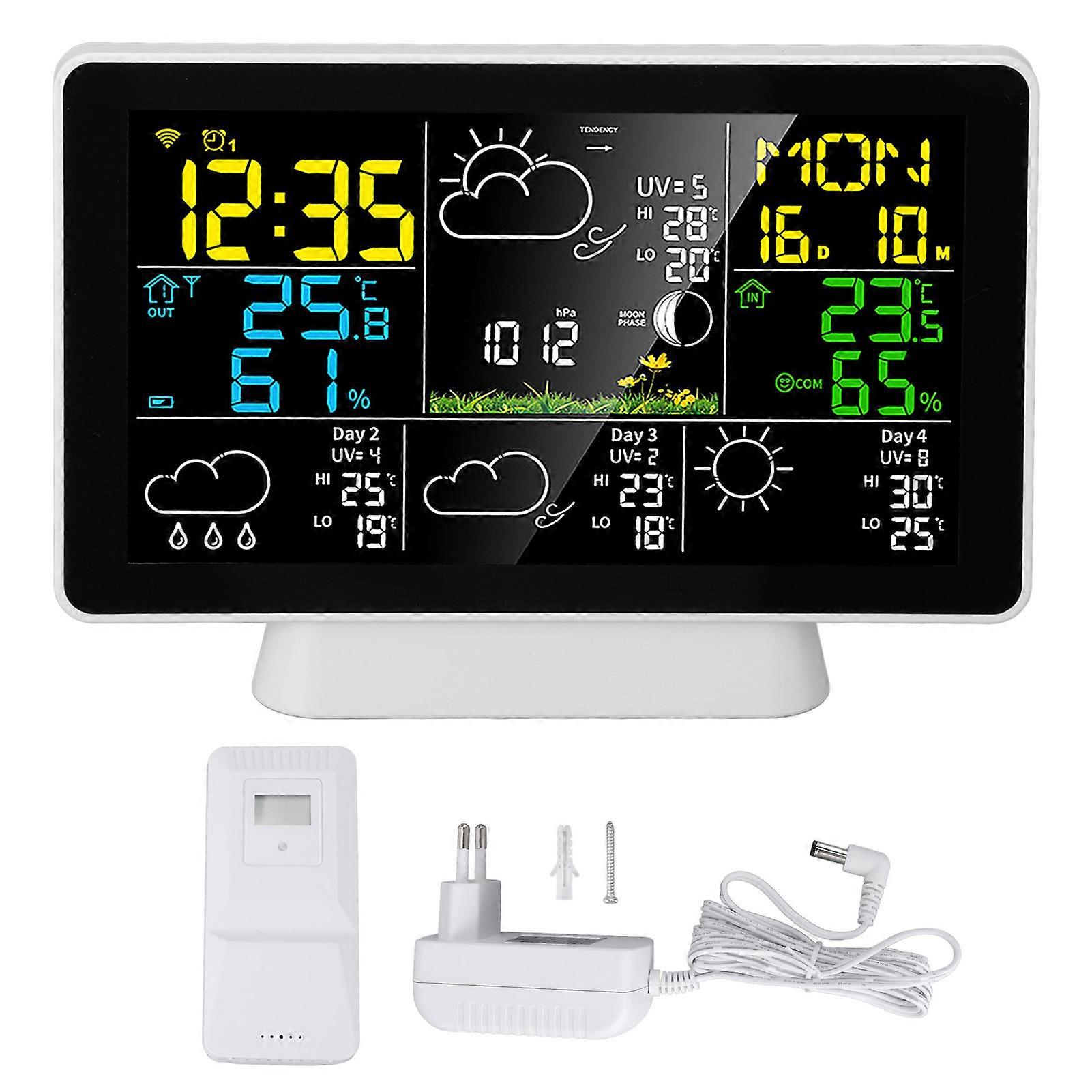 Smart Weather Clock with 7.5 Inch Color Screen, Alarm, Temperature, Humidity, Wireless Weather Station for Indoor and Outdoor, EU Plug