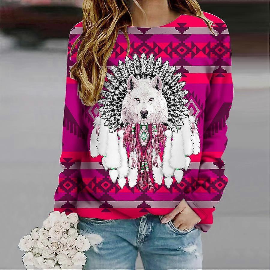 Felsők Nőknek Farkasfej Tollak Nyomtatott Kerek Hosszú ujjú póló Ősz Hétköznapi Vékony pulóver Női Hosszú ujjú felső