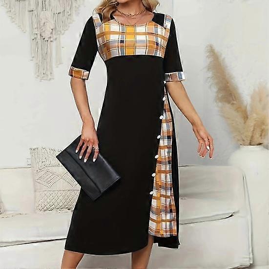 Women's Plaid Print Half Sleeve Round Neck Color Block Button Decoration Irregular Hem Women's Midi Dress