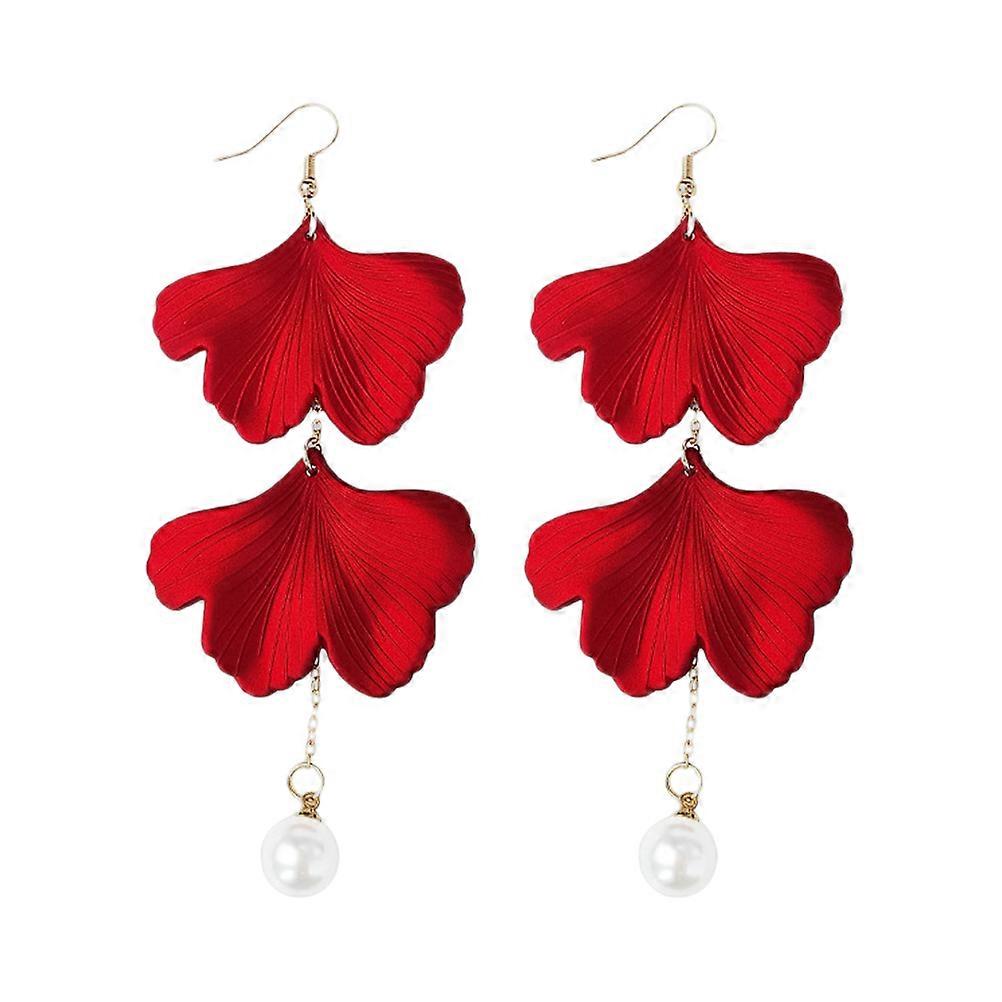 Here's a polished and professional product description based on your input:
 
**Stylish Chinoiserie Earrings Red Ginkgo Leaf Design with Pearl