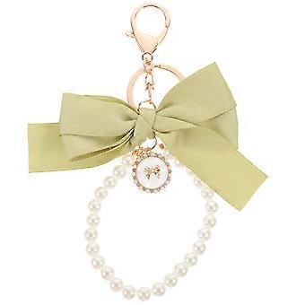Olive Green Bow Pearl Wristlet Keychain for Women – Elegant Bag Pendant Accessory with Sophisticated Design and Durable Construction