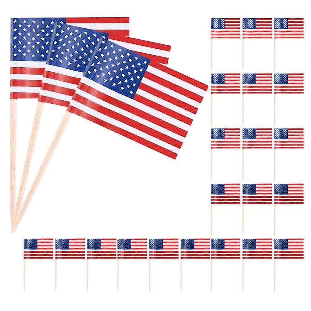 Independence Day Cake Pick Mini American Flag Patriotic Cocktail Picks For In With White Cardboard And Smooth Wood Material 50Pcs