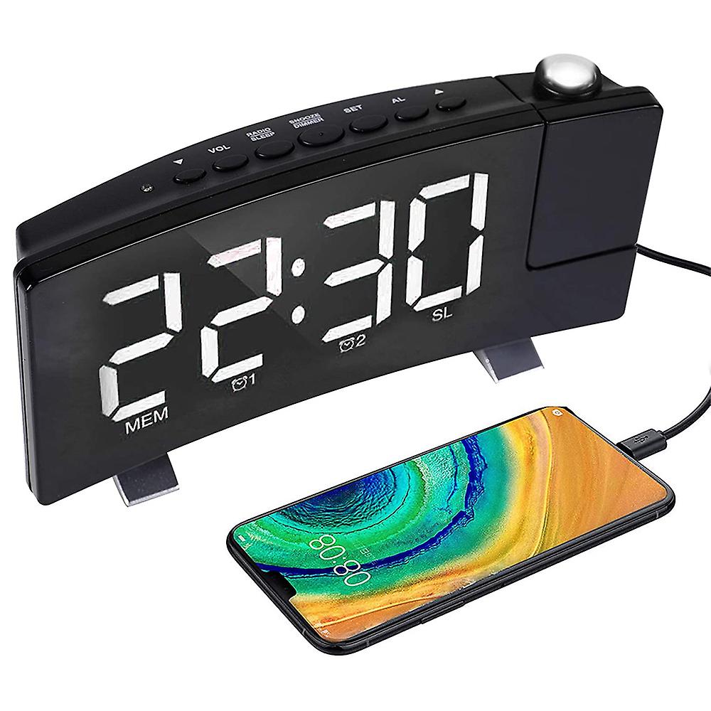 Digital Alarm Clock, Projection Alarm Clocks For Bedroom With 4 Dimmer, Usb Phone Charger, 180 Rotable Projector-body Black+white Font