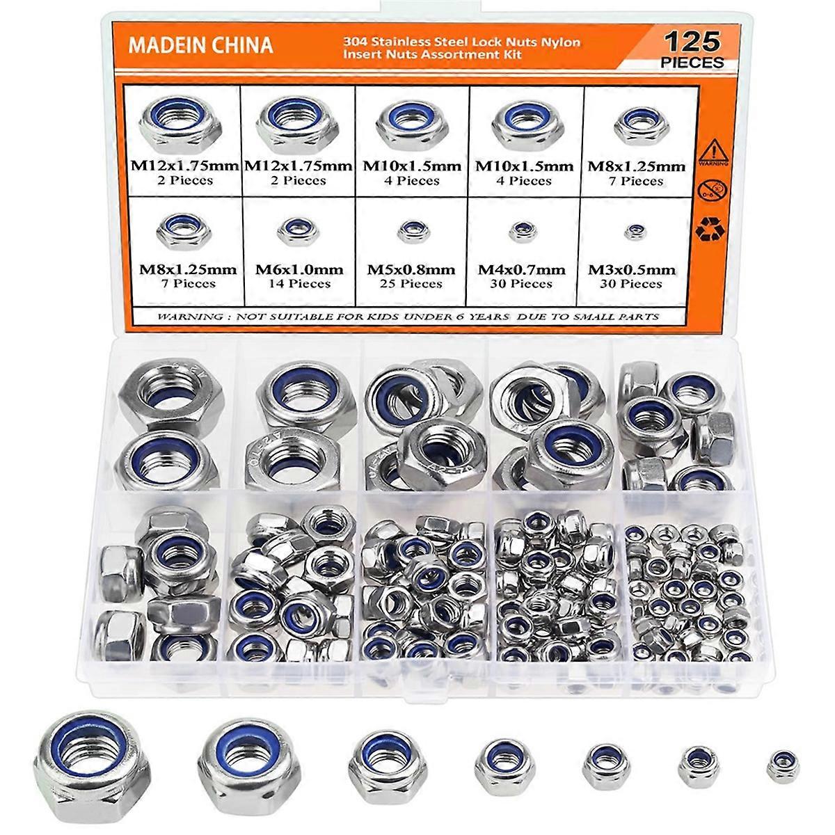 125pcs Nylon Hex Lock Nut Set 304 Stainless Steel Locknut M3 M 4 M5 M6 M8 M10 M12 Hexagonal Self Nylon Locking Nut