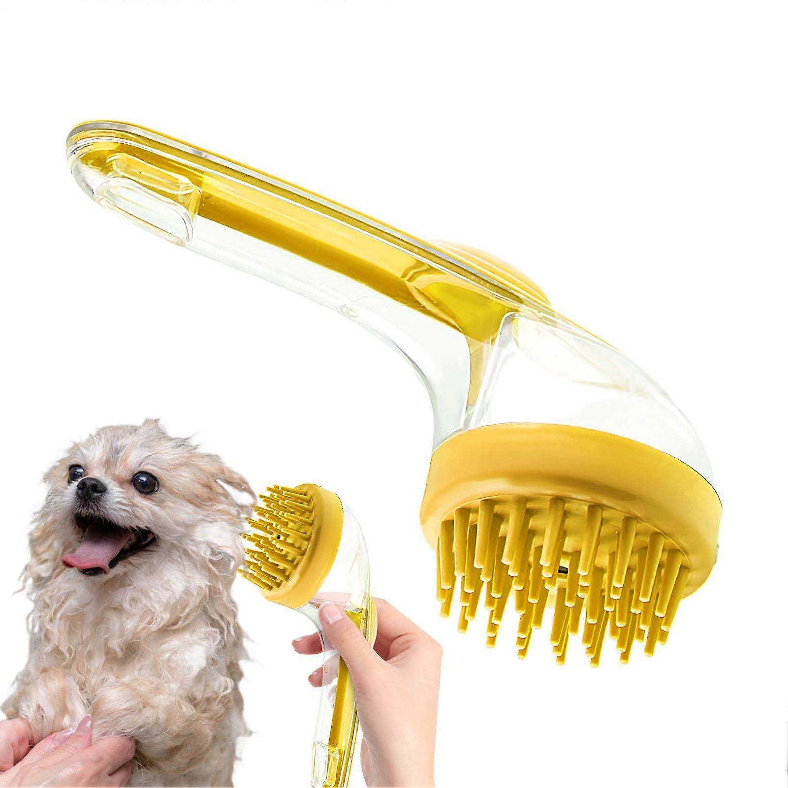 Dog Shampoo Brush With Soft Silicone Bristles Long Handle Cat Comb Grooming Tool For Puppies And Kittens Yellow