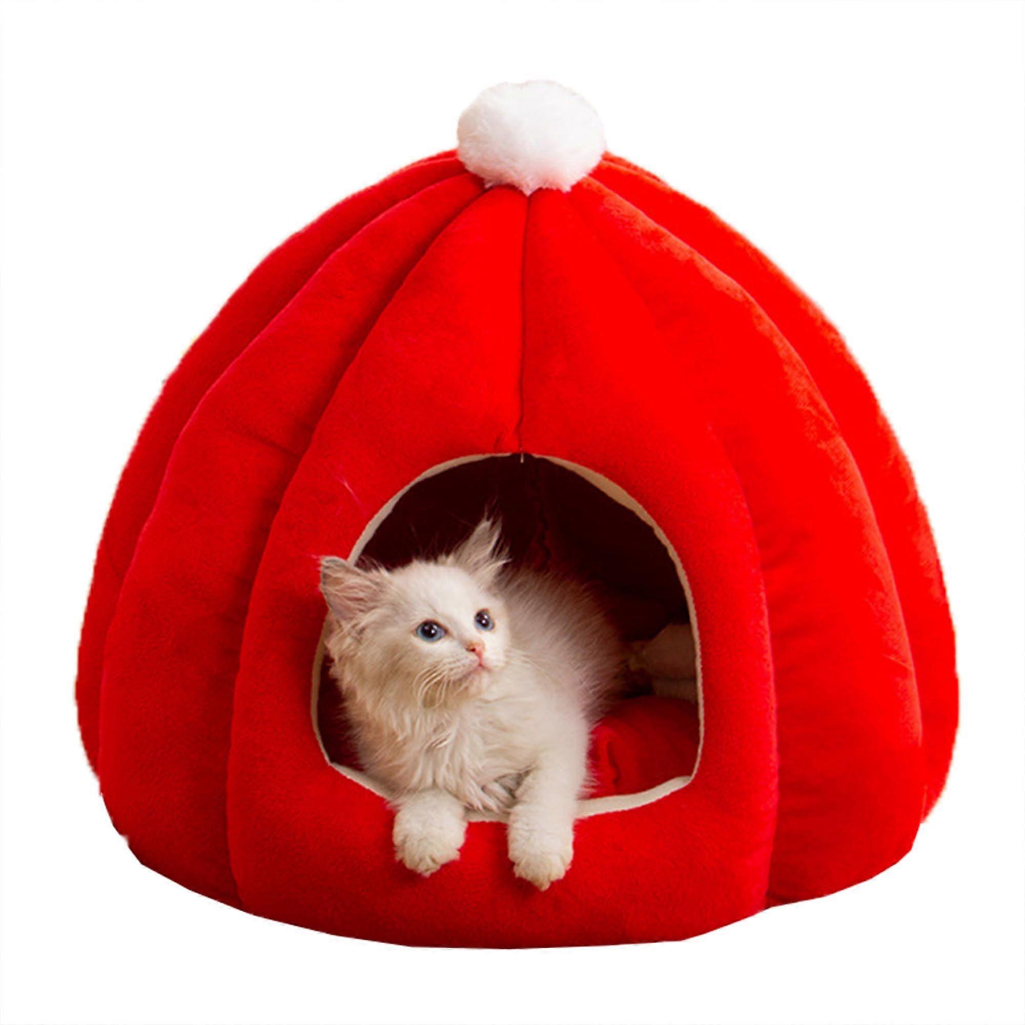 Cat Bed for Indoor Cats - Red Cat Cave Nest with Removable Washable Cushion, Small Size 35x35x30cm for Kittens