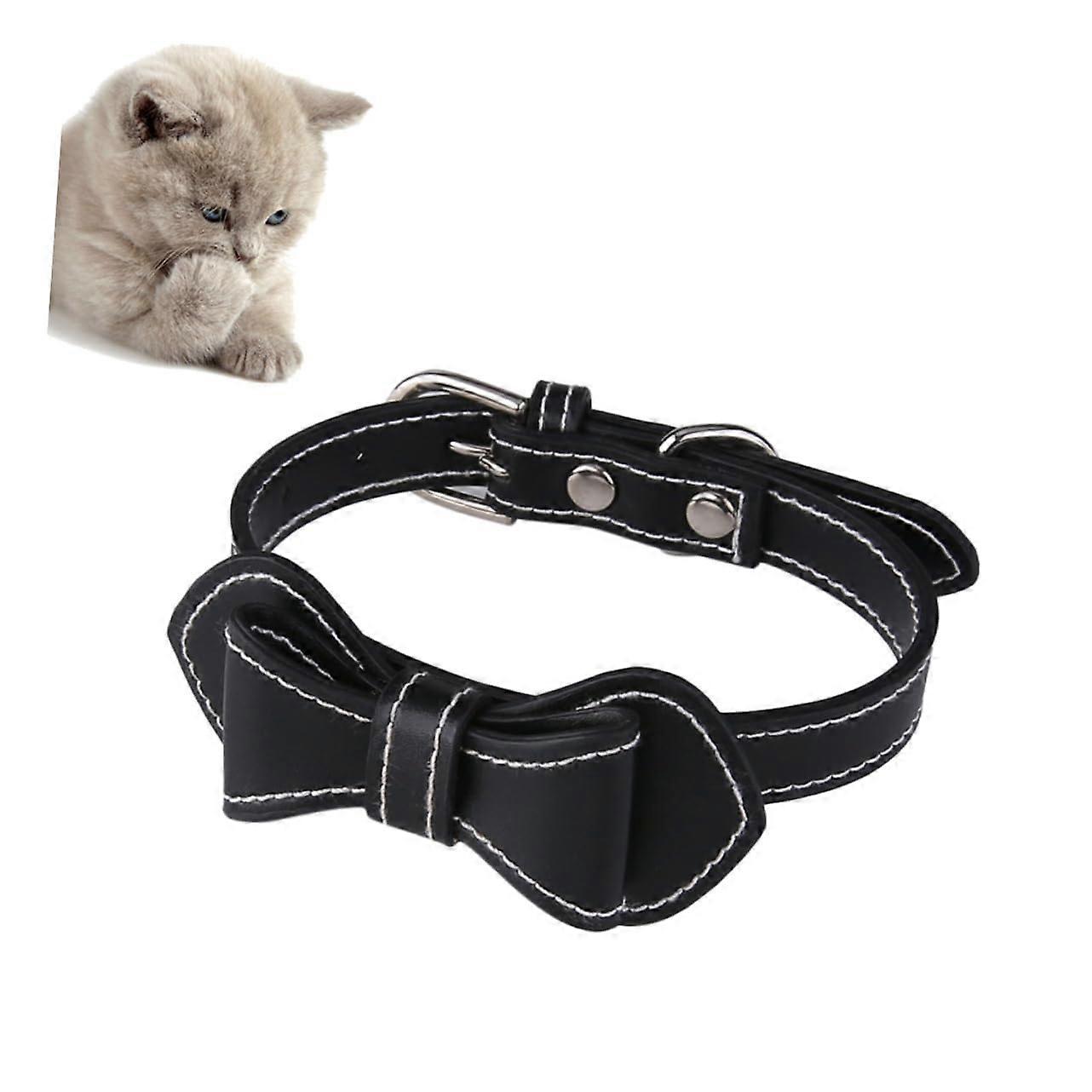 Cat Collar Patterned Bow, Adjustable Buckle, PU Leather Dog Collar, Embroidered Name Ring