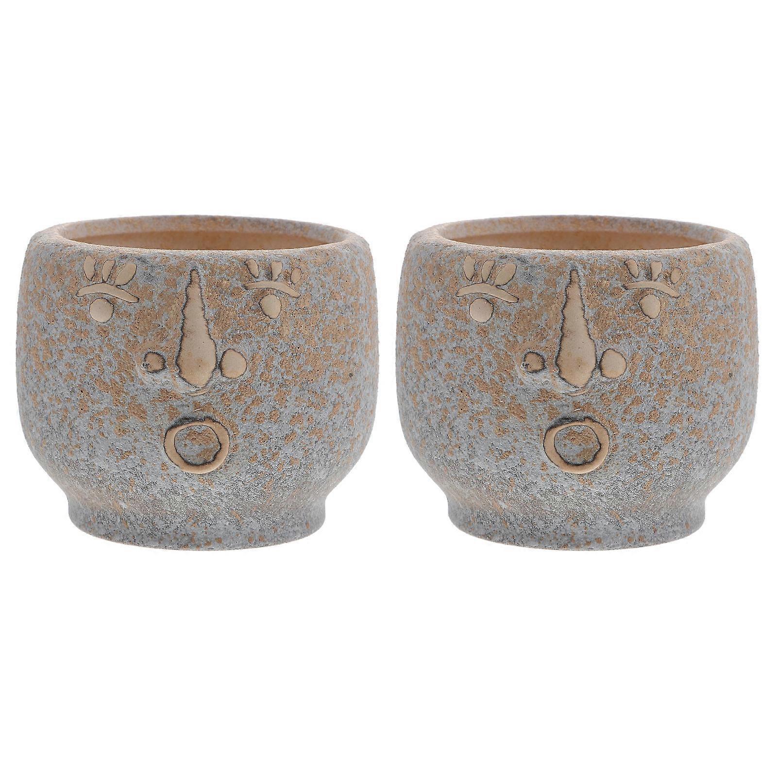 2Pcs Ceramic Flower Planting Pots For Home Owners And Garden Lovers In Grey With Abstract Art Design For Balcony Decoration