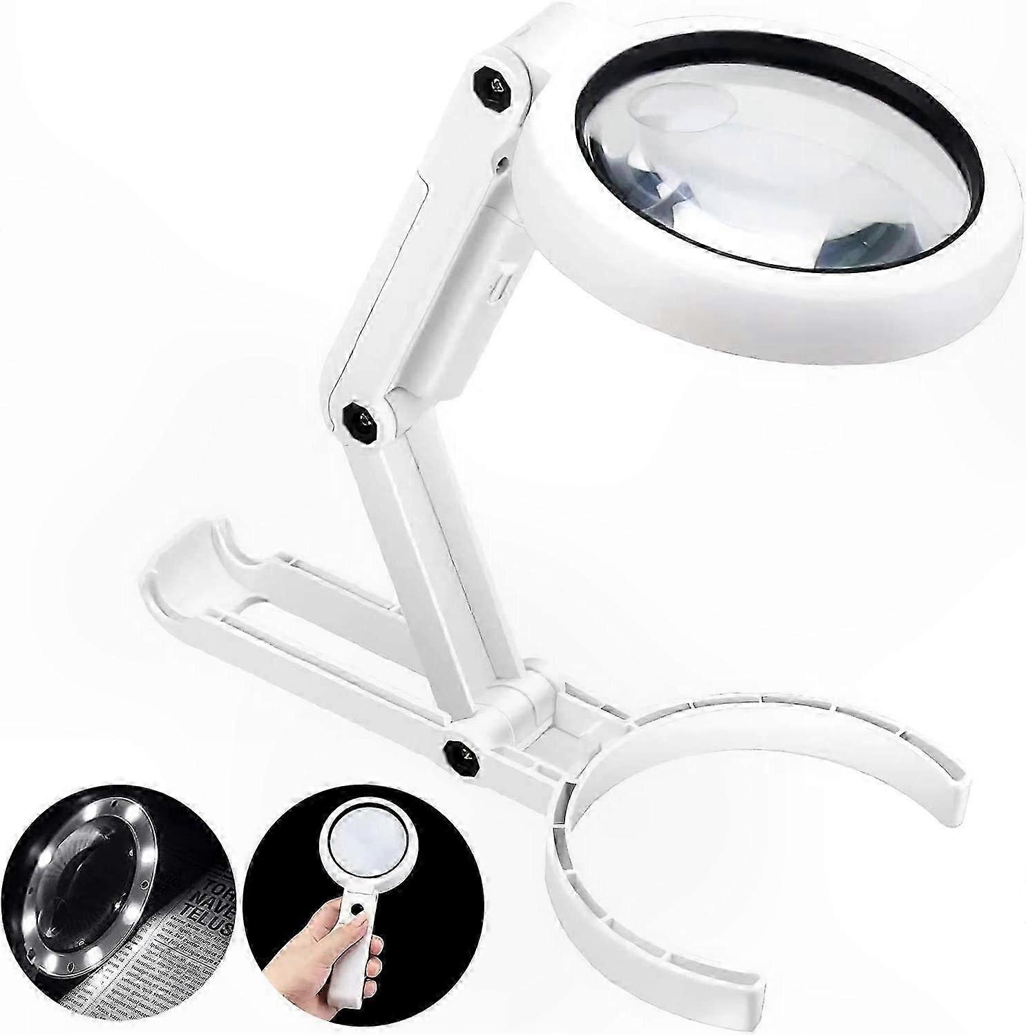 LED Lighted Magnifying Glass, 5X 11X Handheld & Foldable Illuminated Desktop Magnifier for Seniors and Kids, White