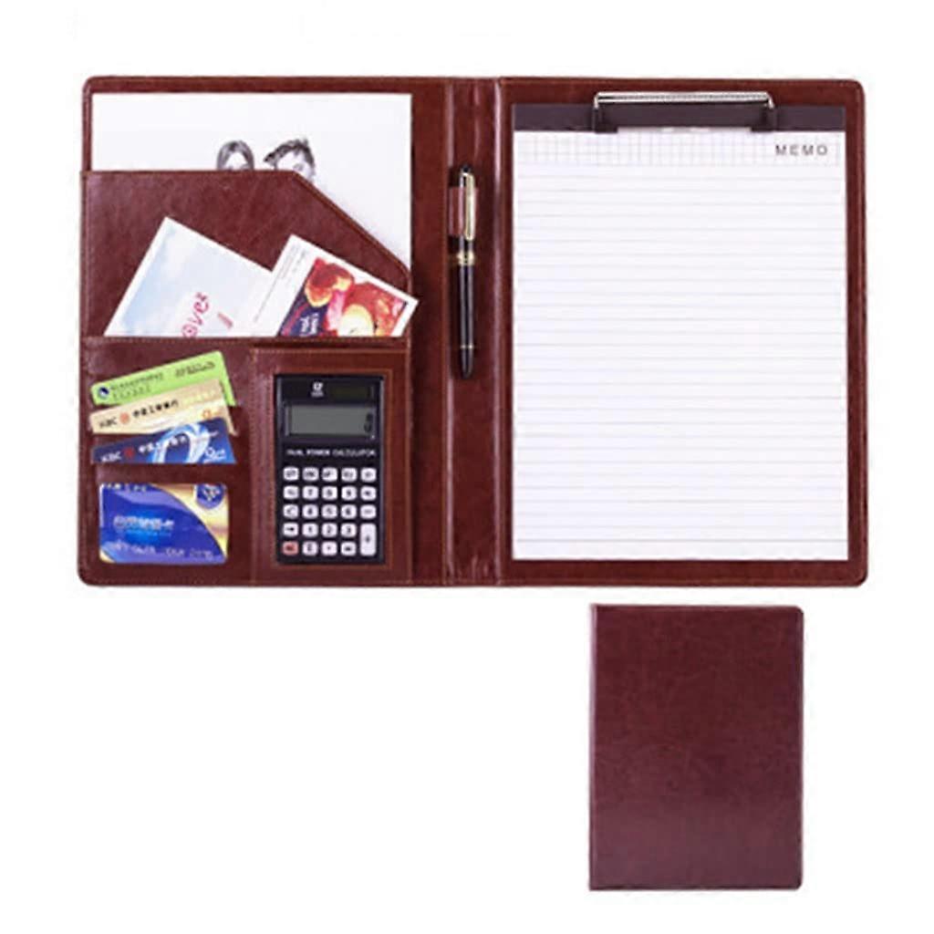Leather Folder A4 Portfolio PU Leather With A4 Clipboard Interview CV Legal Document Organizer Brown 12 Digit Calculator
