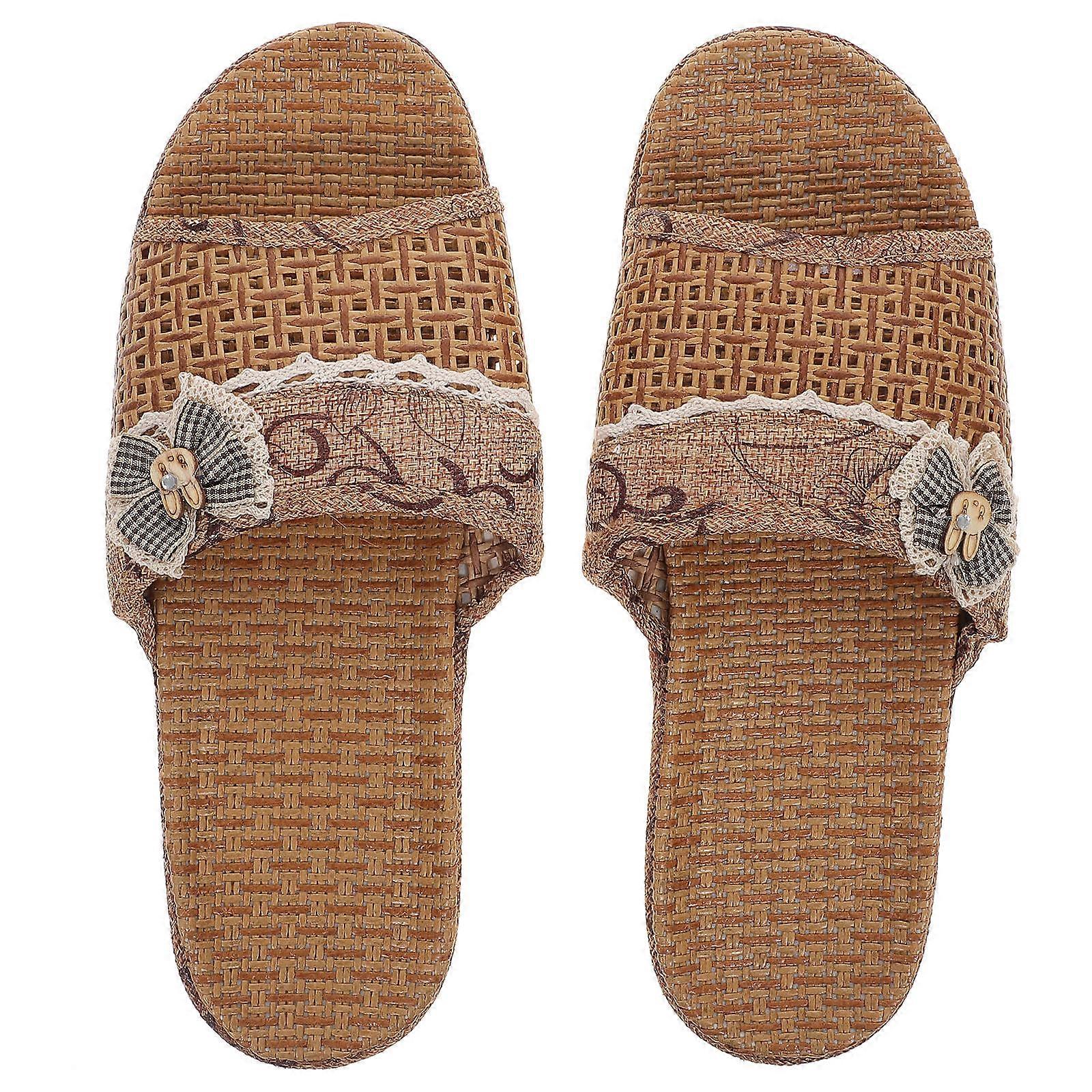 Lightweight Straw House Slippers For Women With Open-Toe Design Suitable For Summer Usage In Brown Color Size 39-40 1 Pair