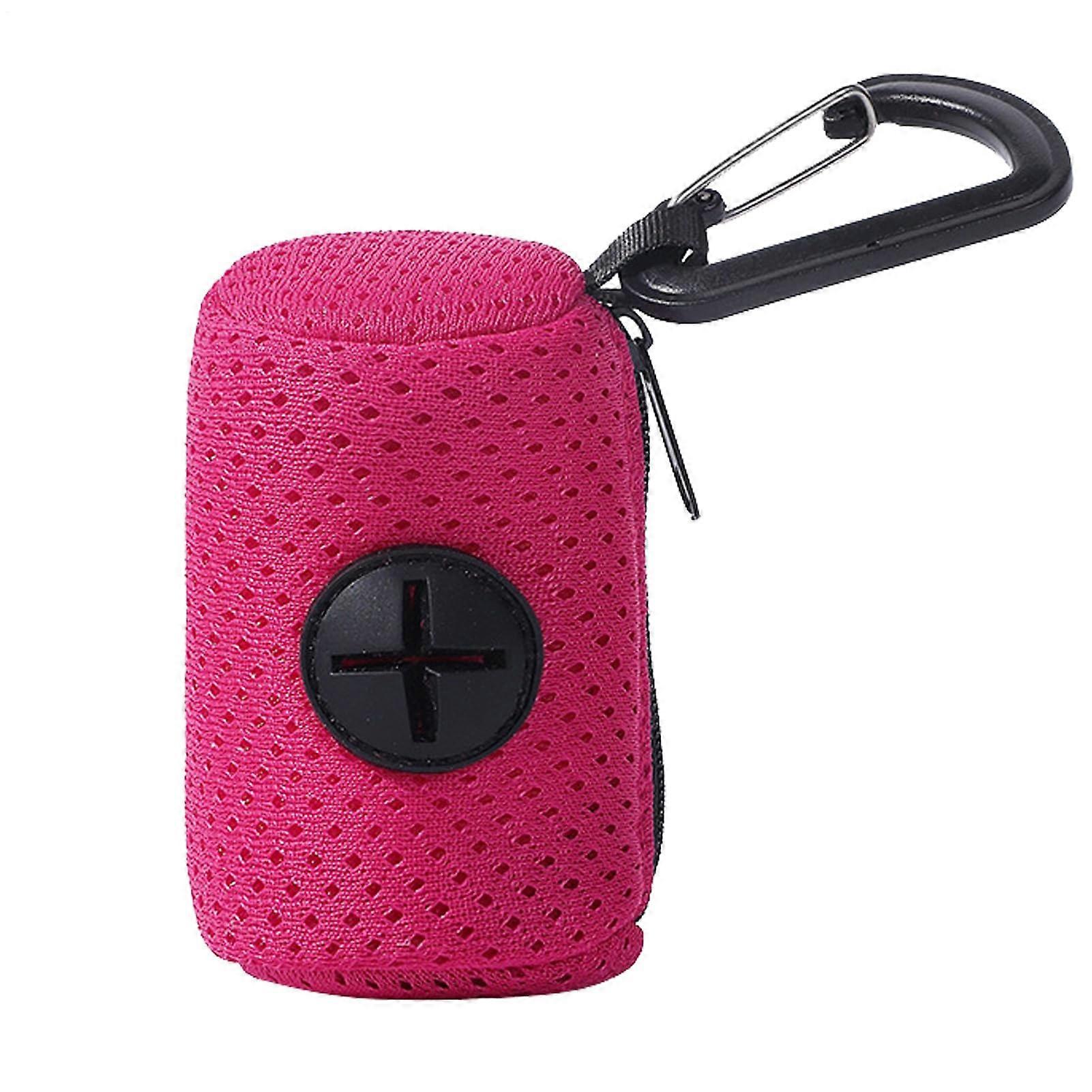 Dog Waste Bag Dispenser with Leash Attachment, Zip Closure, Large Capacity Net Fabric Holder for Outdoor Walks, Hot Pink