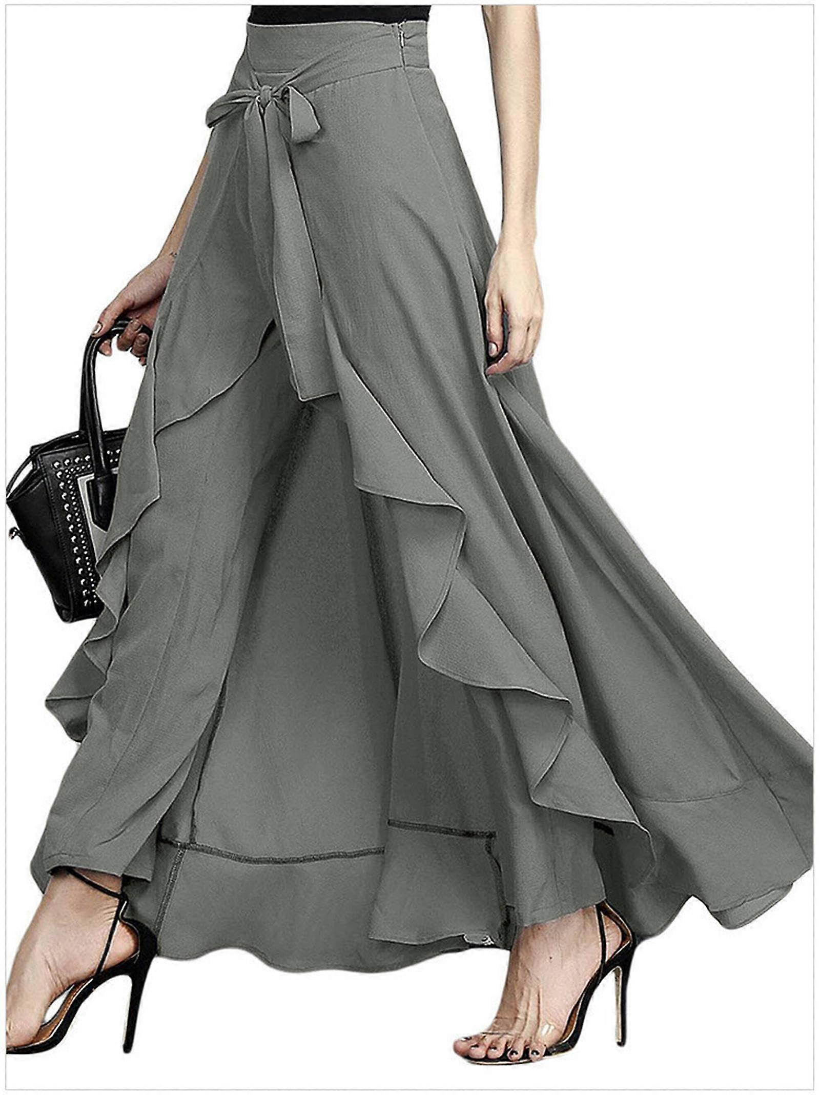 Crossborder women's foreign trade European and American large size waisted wideleg pants autumn waisted trousers chiffon pantsgreyXL Grey XL