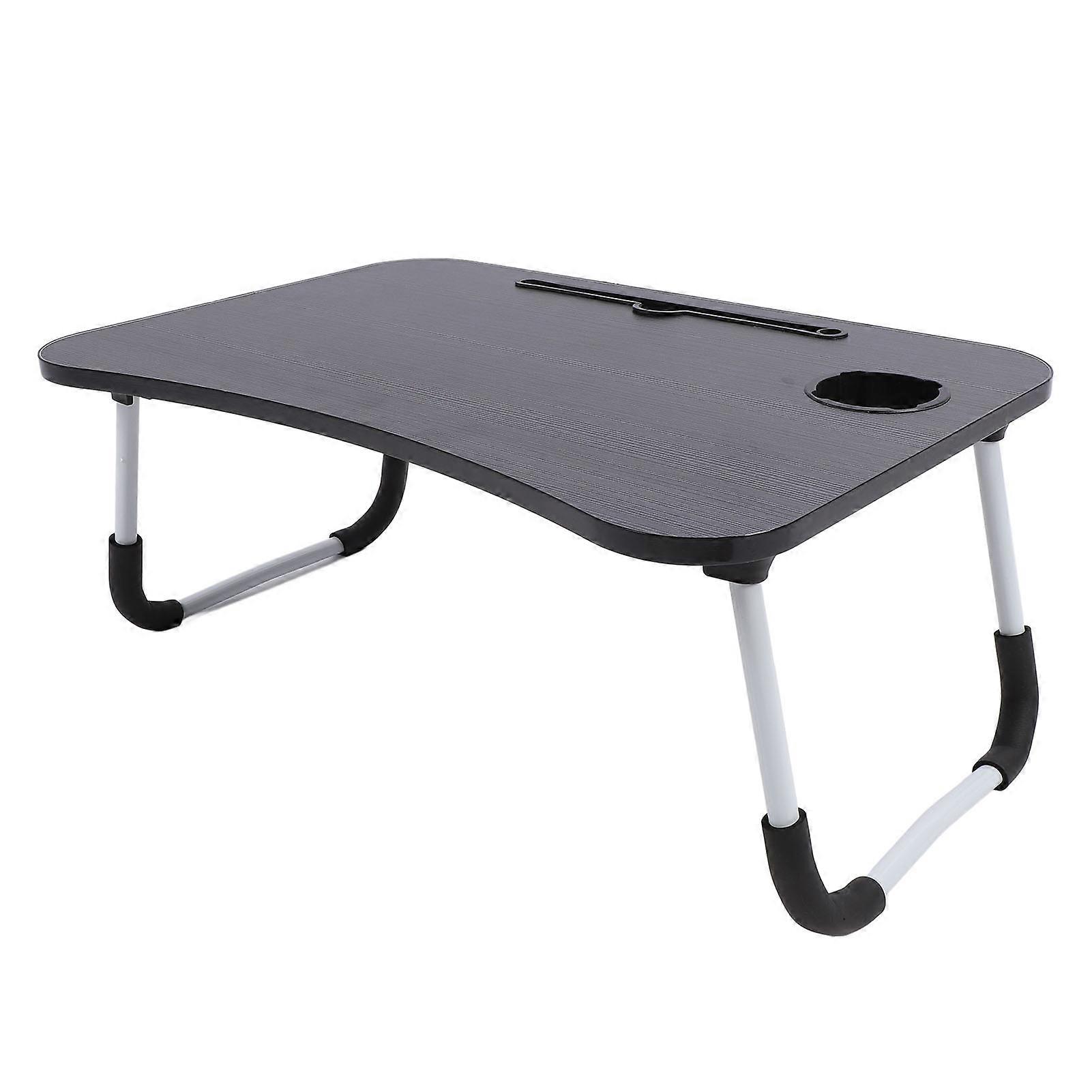 Portable Foldable Solid Wood Bed Table with Cup Holder, Black