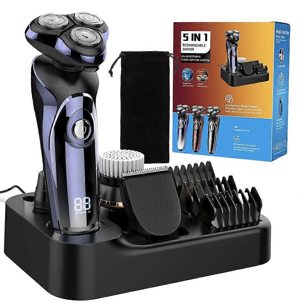 Men's Electric Shaver 5In1 With Charging Station Beard Trimmer 3 Comb Attachments 99Minute Runtime Wet and Dry Blue