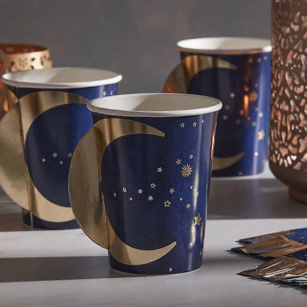Navy and Gold Pop Out Moon Eid Paper Cups Pack of 8