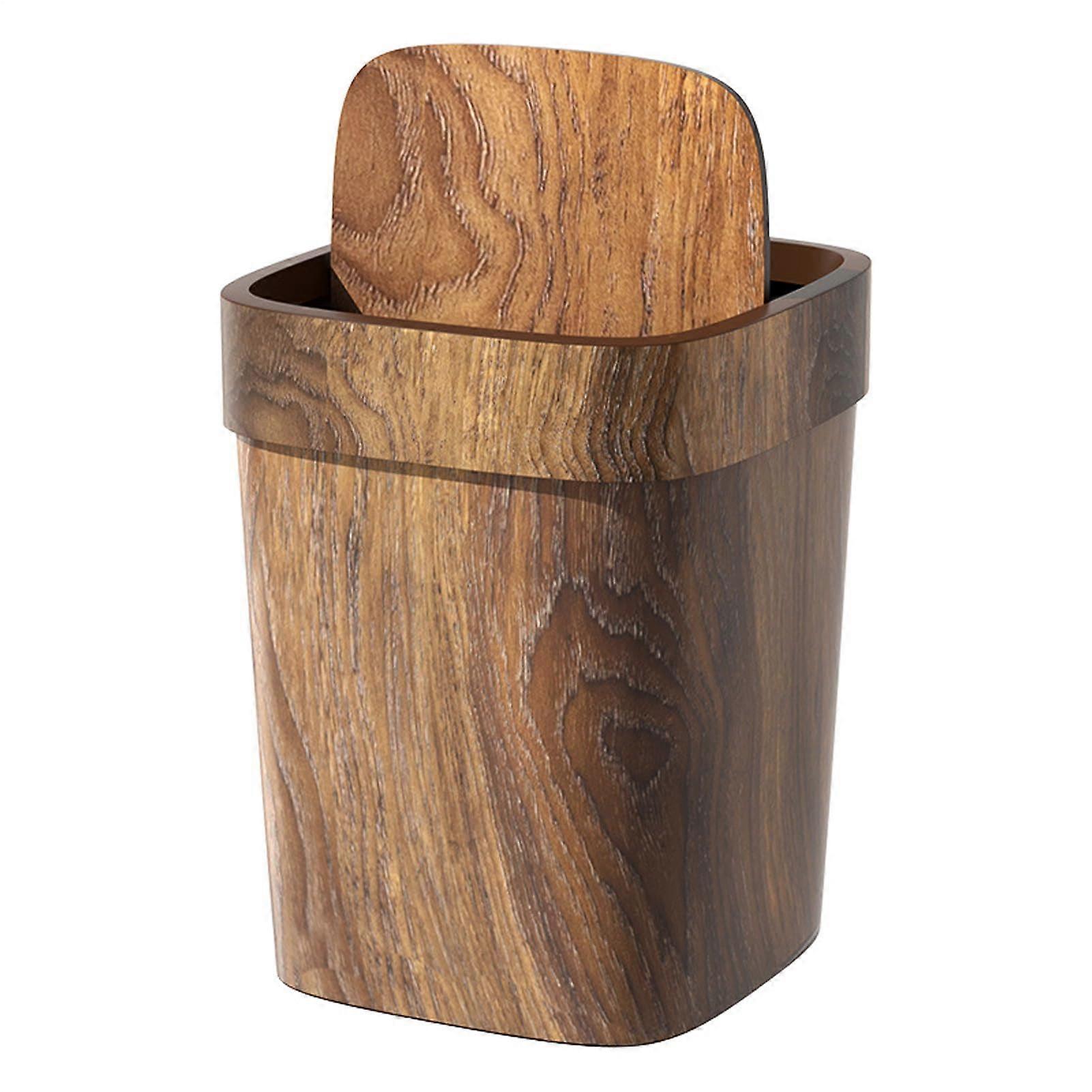Imitation Wood Grain Trash Can Retro Rectangle Trash Can With Swing Lid 12L Waste Bin For Home Bathroom Laundry