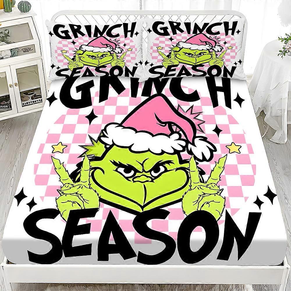 Christmas Green Monster Fitted Sheet Set Protective Cover Washable Fitted Sheet Three-Piece Set Breathable Mattress Protector