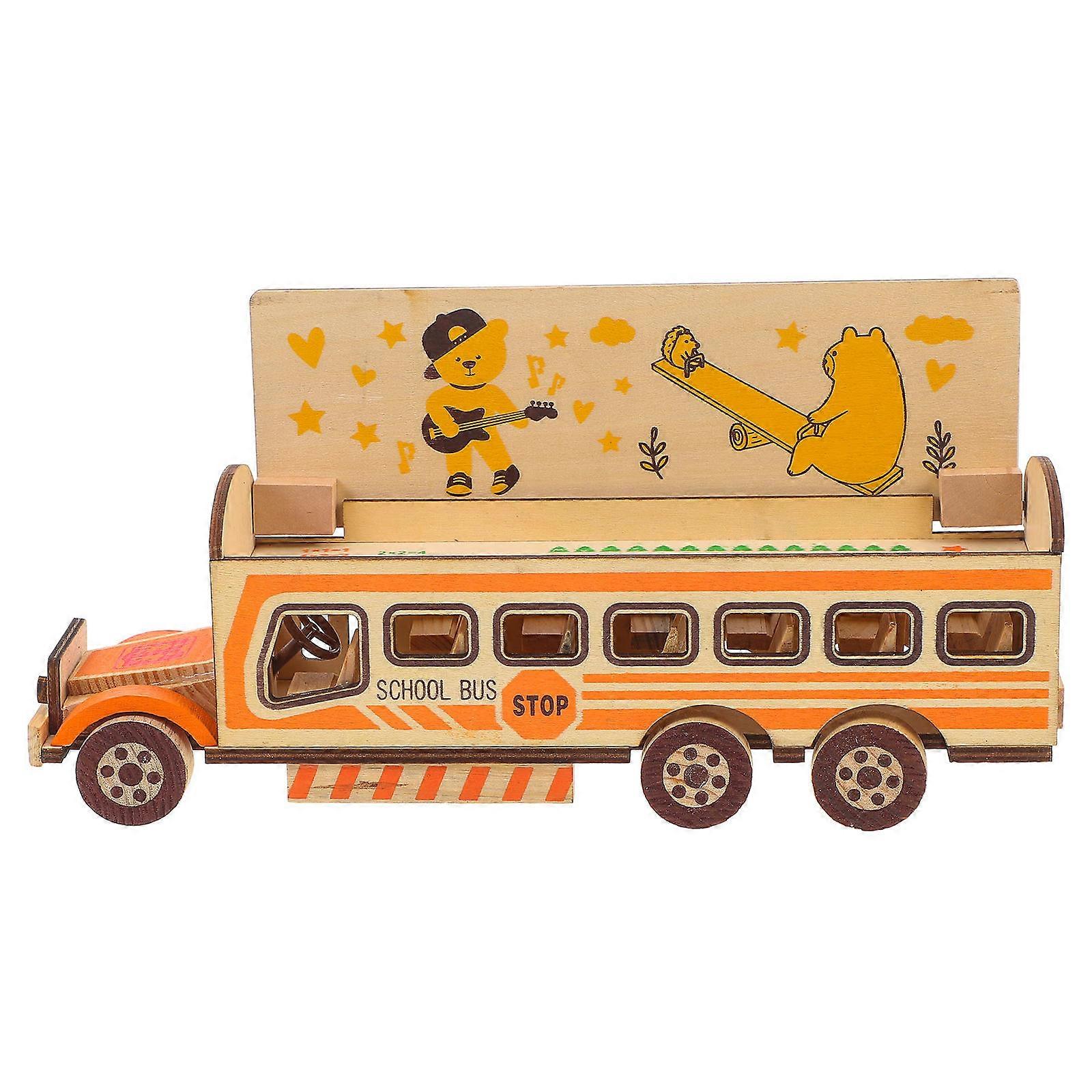 Creative School Bus Model Ideal For Toddlers 3Pcs Durable Wood Vehicle Toy Designed For Engaging Learning And Parent Child Interaction