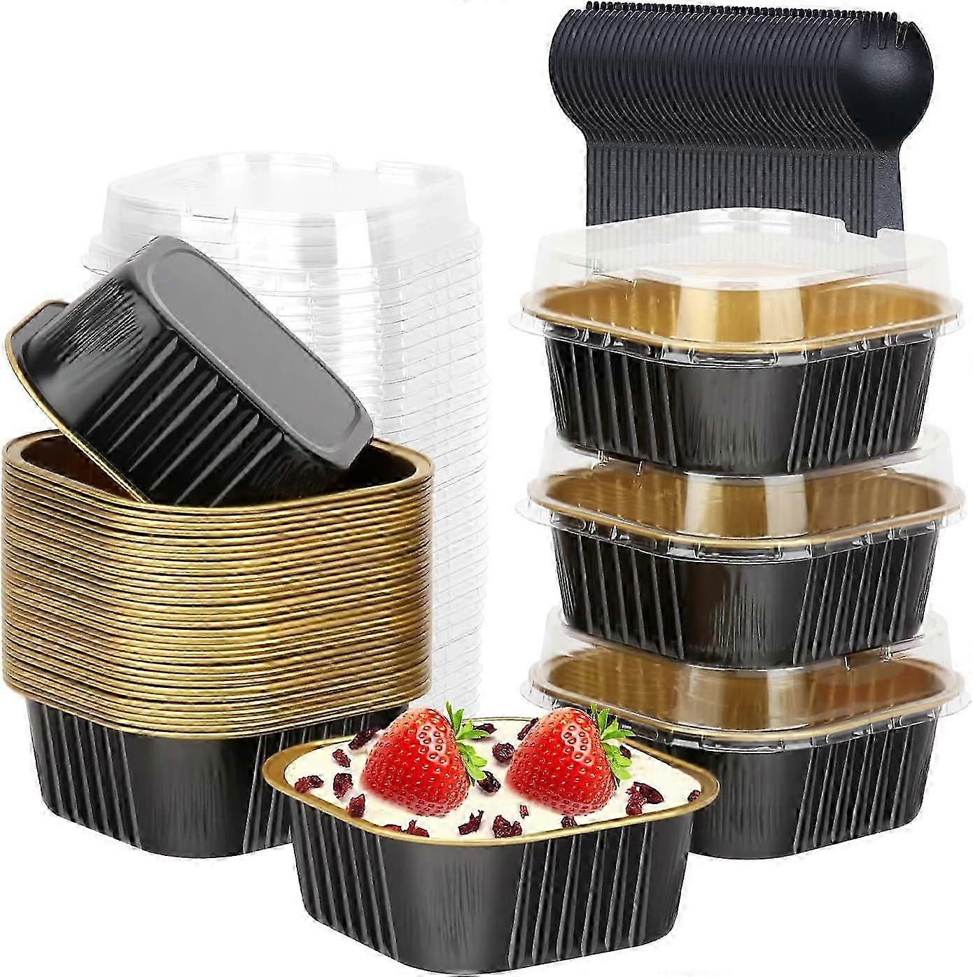 2025 Latest Model 10 oz Mini Cake Pans with Lids 40 Count, Aluminum Foil Square Cupcake Liners