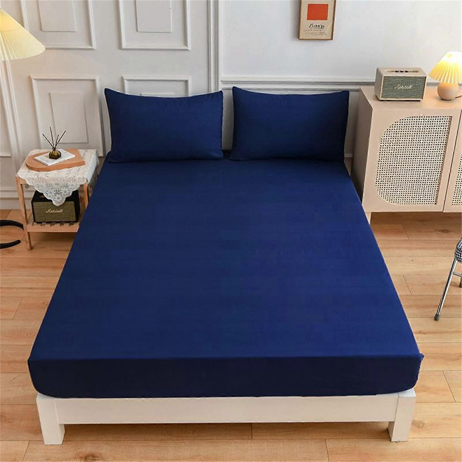 Double Single Fitted Sheets Solid Color Microfibre, 27cm Deep Pocket, Navy Blue