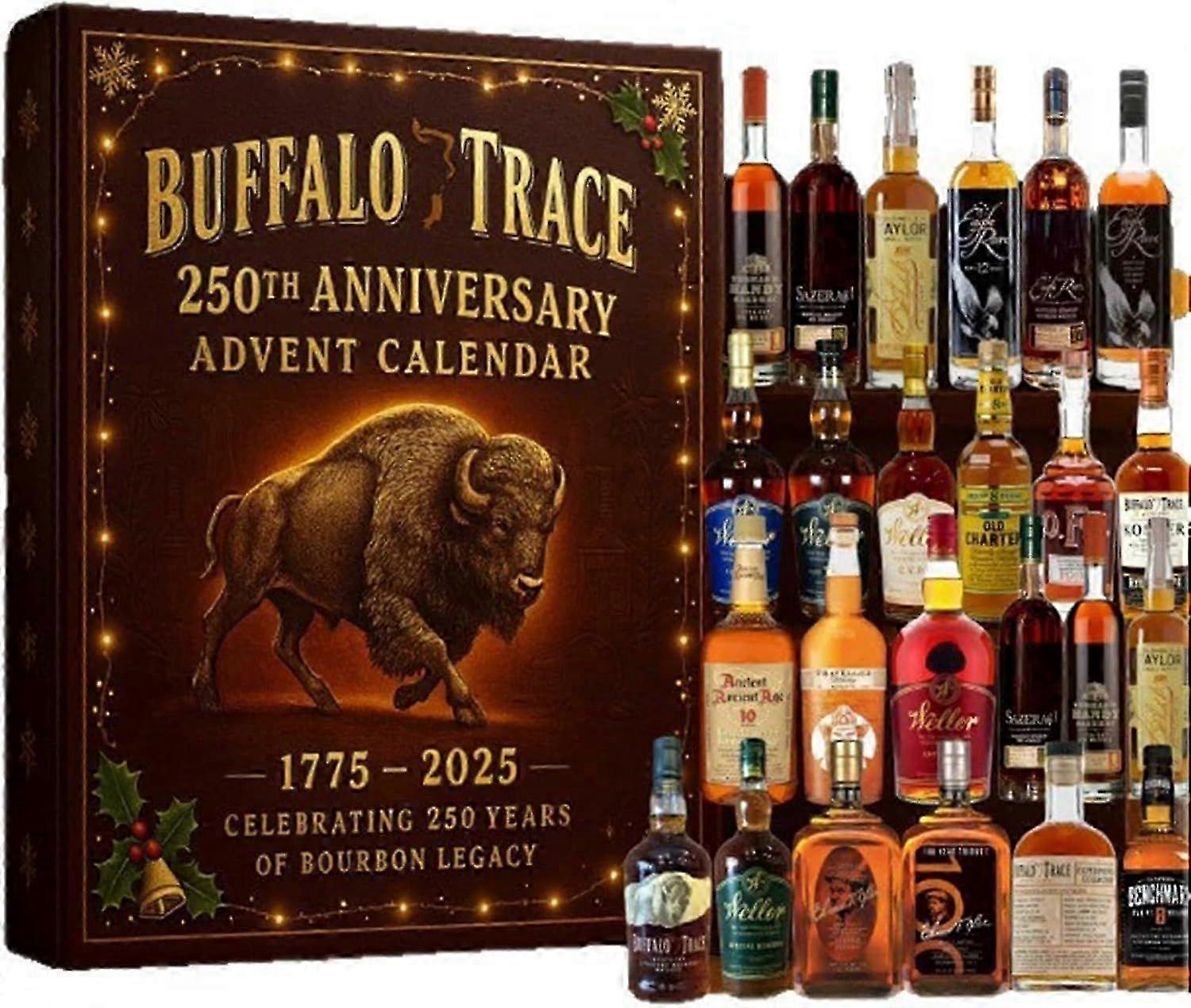 Buffalo Trace 250th Anniversary Advent Calendar 2025, 24 Days Christmas Countdown Calendar with 24 Whiskeys Christmas 2D Acrylic Ornament, Christmas T