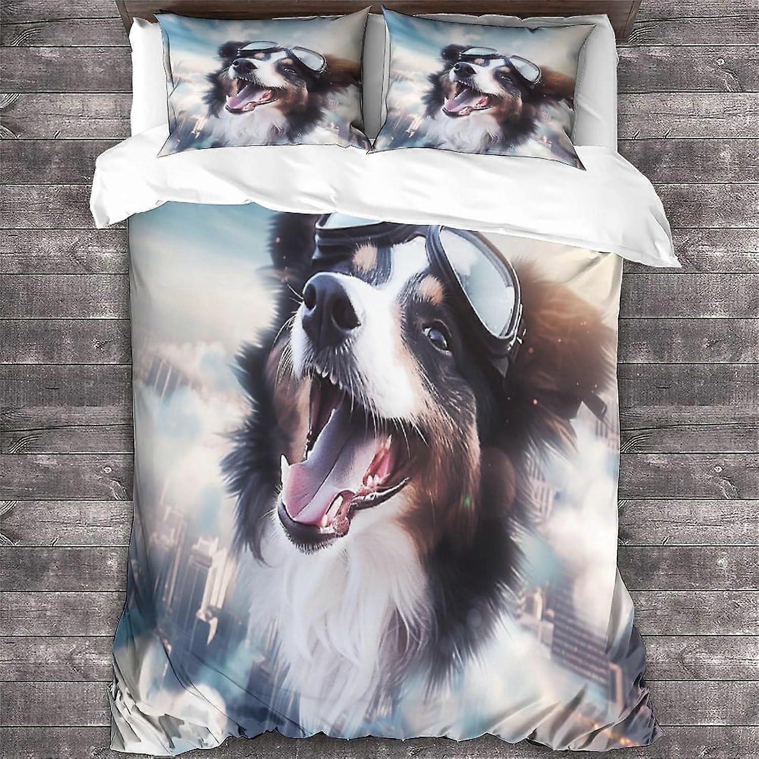 مجموعة غطاء لحاف LikeEj Border Collie مجموعة فراش 3 قطع ، ستوكات ناعمة 3D نمط غطاء لحاف إغلاق سحاب مع أكياس وسادة