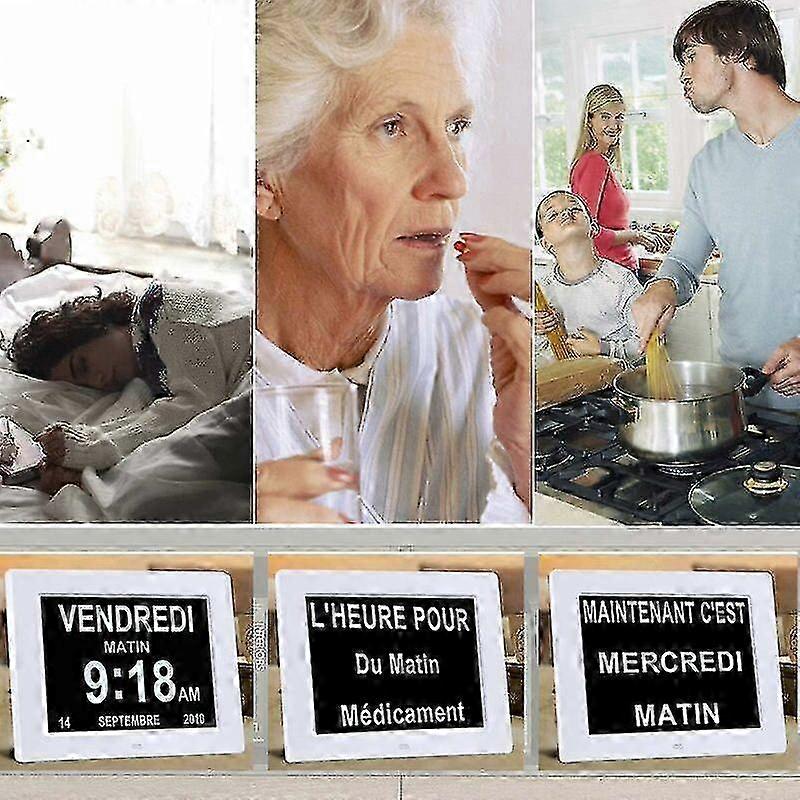 White 7" LCD Digital Clock with Calendar - Memory Support for Elderly & Alzheimer's Patients