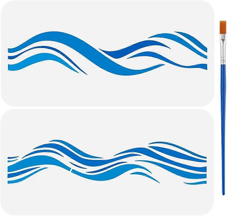 2 Pcs Wave Border Stencils with Brush 11.8x5.9Inch Reusable Waves Stencils PET Marine Themes Borders Stencils Sea Waves Decoration Stencils Ocean Them