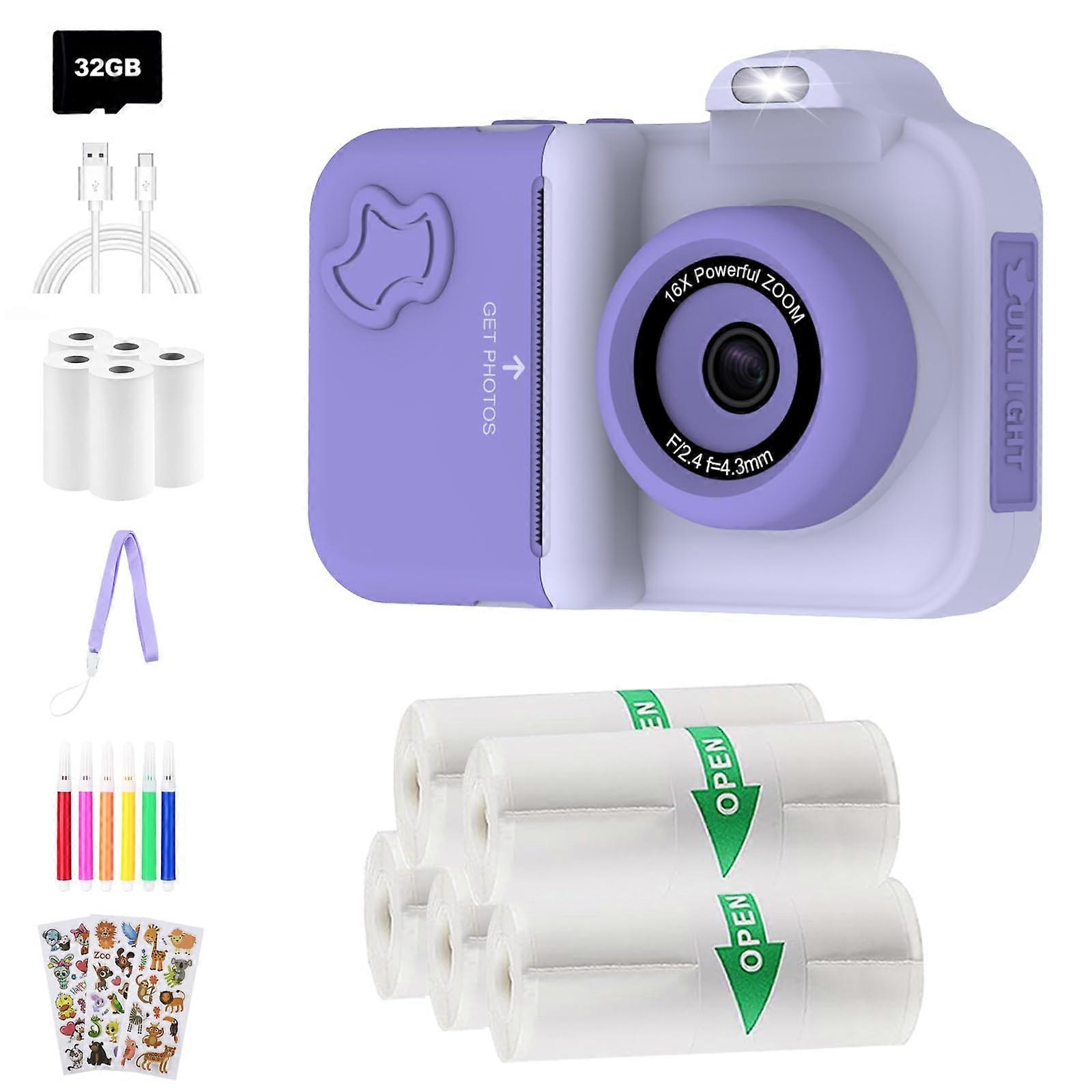 Kids Instant Print Camera with Dual Lenses 1080p Video Shockproof Design Includes 5 Paper Rolls