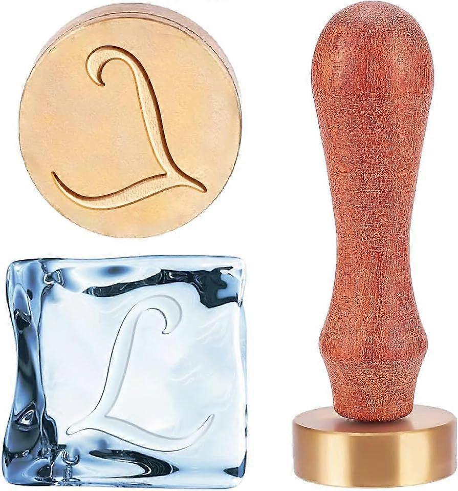 Letter L Ice Stamp Ice Bar Drinks Stamp with Pear Wood Handle and Rectangle Velvet Pouches for Cocktail Ice Drinks Making Whiskey Mojito 1.2x0.4inch