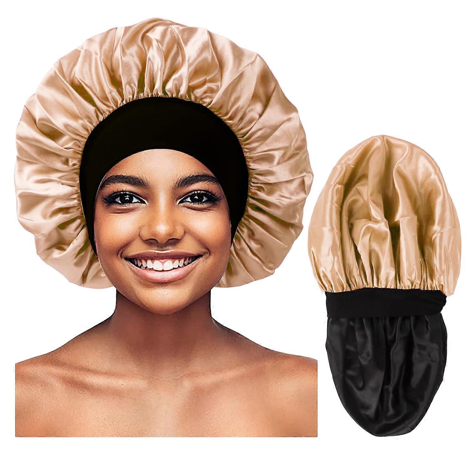 Nouveau Satin doux ��lastique double couche noir ��lastique large bord bonnet de sommeil soins des cheveux foulard chapeau femmes d��contract�� 