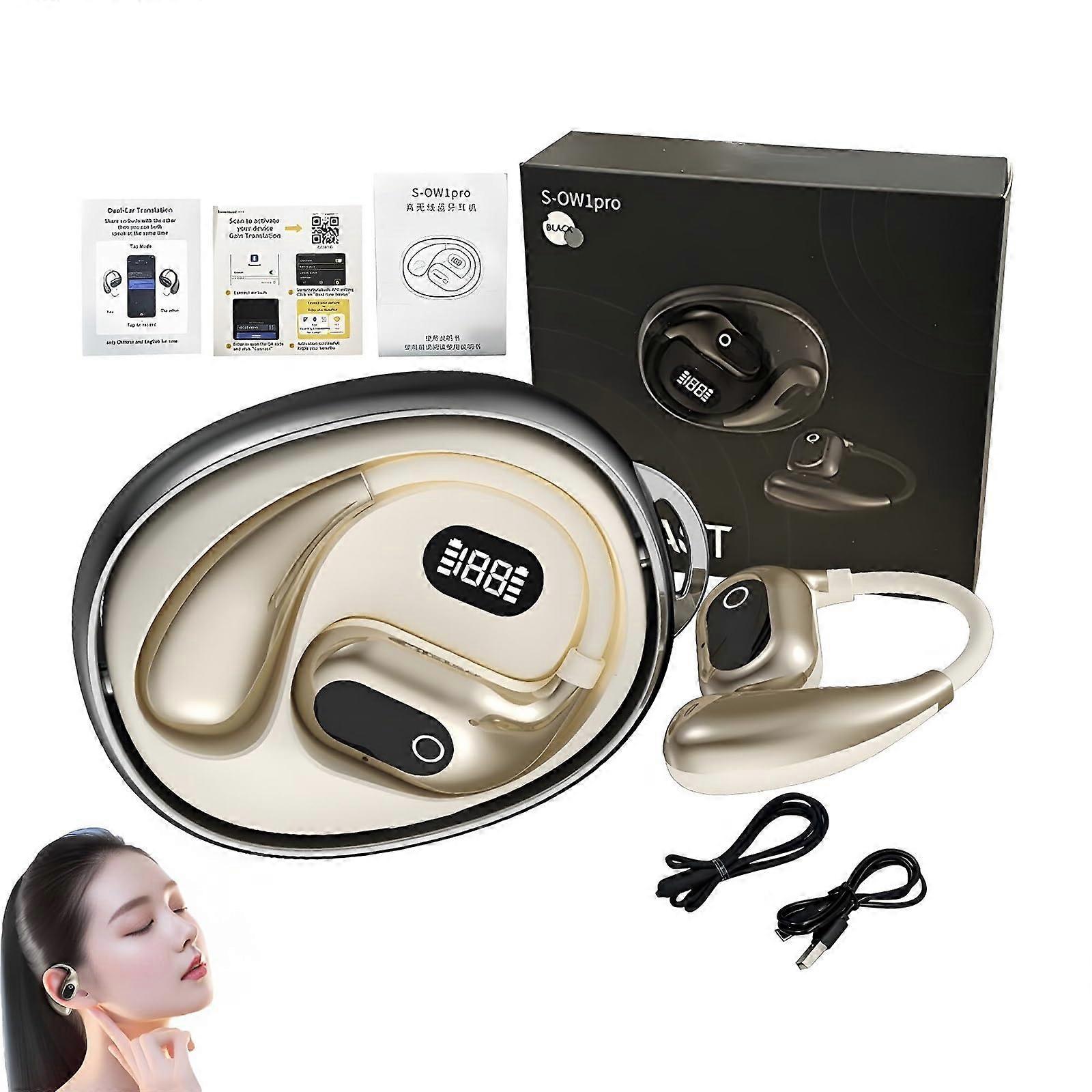 Language Translator Earbuds SOW1 Pro AI RealTime 75 Languages Bluetooth 5.4 HiFi Stereo Beige