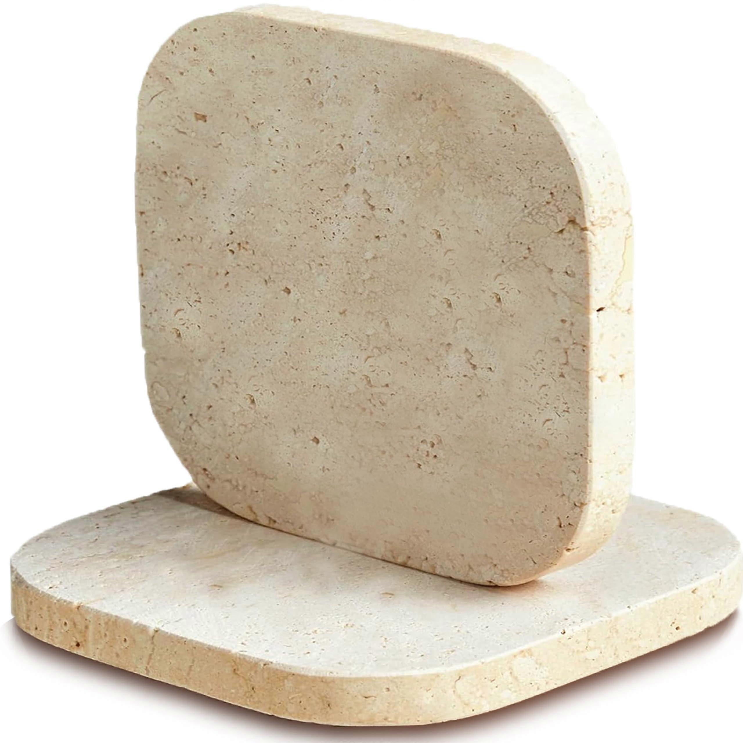 2 Pack Travertine Marble Coasters with Cork Backing, 4' Square Stone Drink Coasters with Bamboo Holder