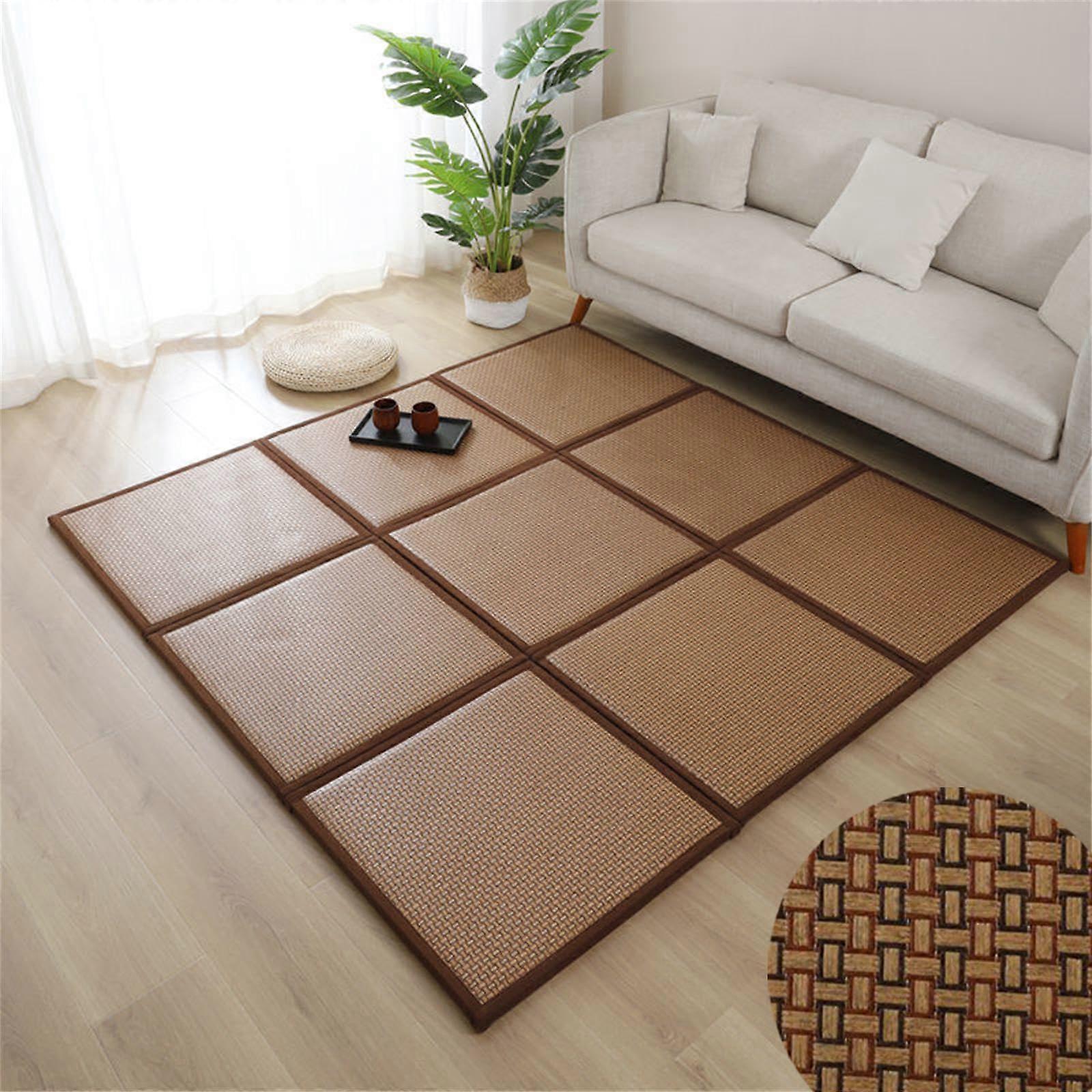 Foldable Tatami Floor Mat with Natural Rattan Surface, NonSlip Backing, 2' x 5'11' Square