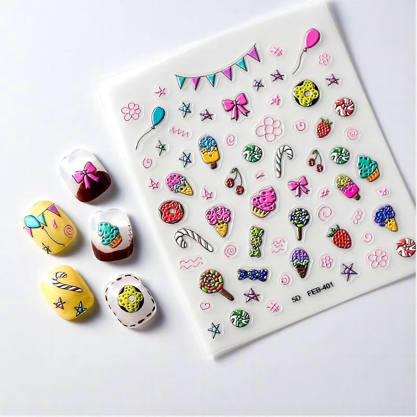 Nail Art Stickers 2 Sheets 3D Embossed Self Adhesive Candy Pattern Decals for Manicure